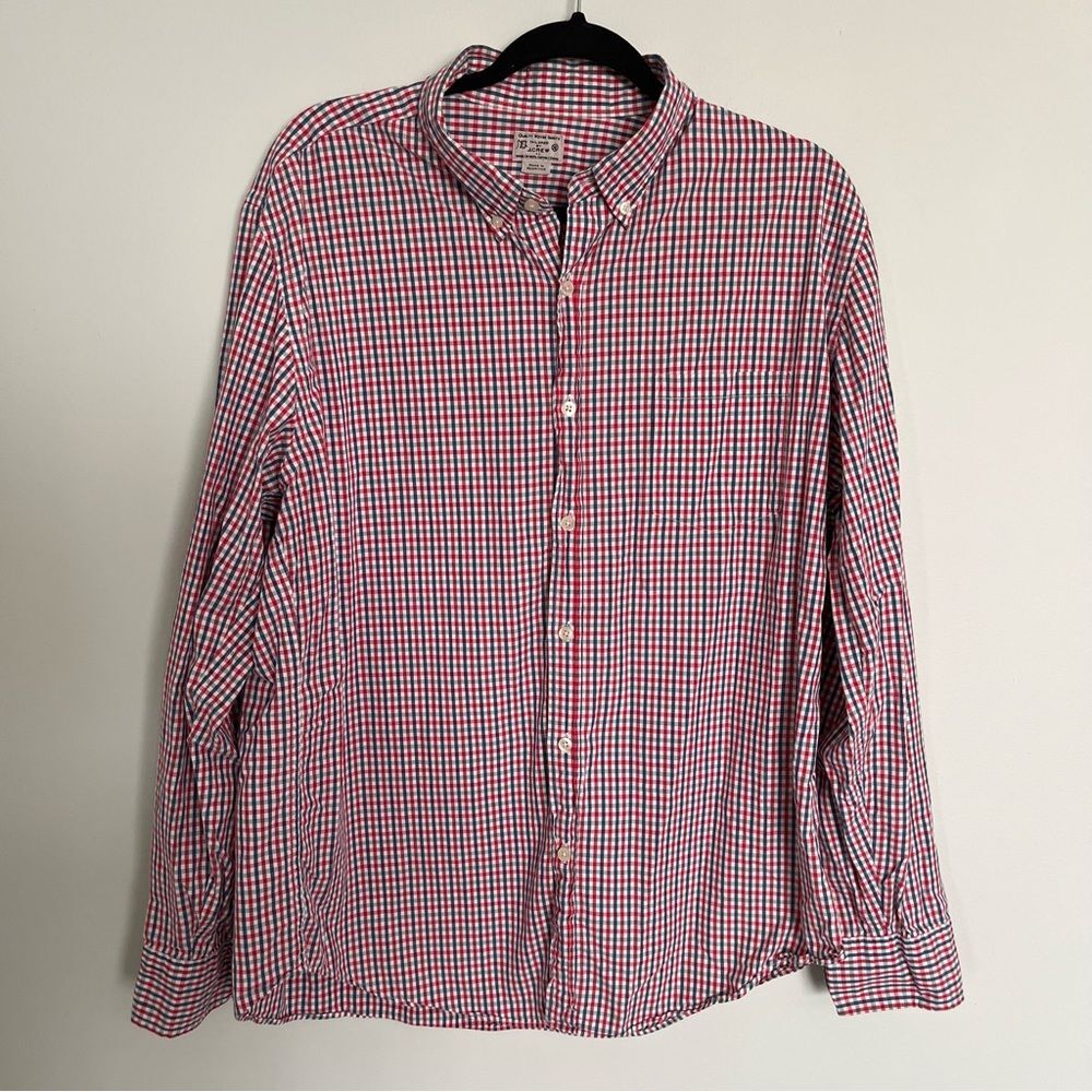 J Crew Red White Blue and Teal Plaid Button Down Dress Shirt XL